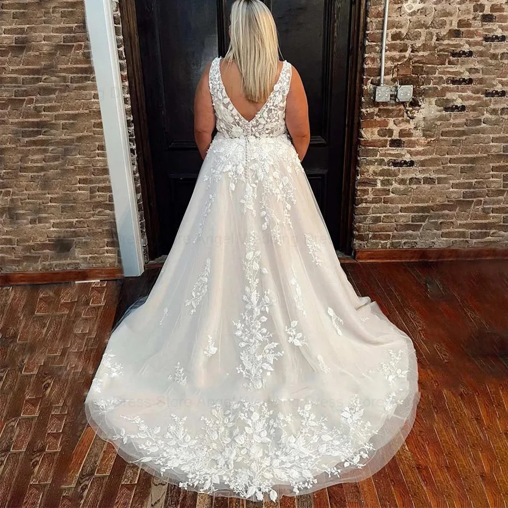 ANGEL Customized V-Neck Appliques A-Line Lace Large Plus Size Wedding Dresses Backless Sweep Train Bridal Gowns Vestido De Novia