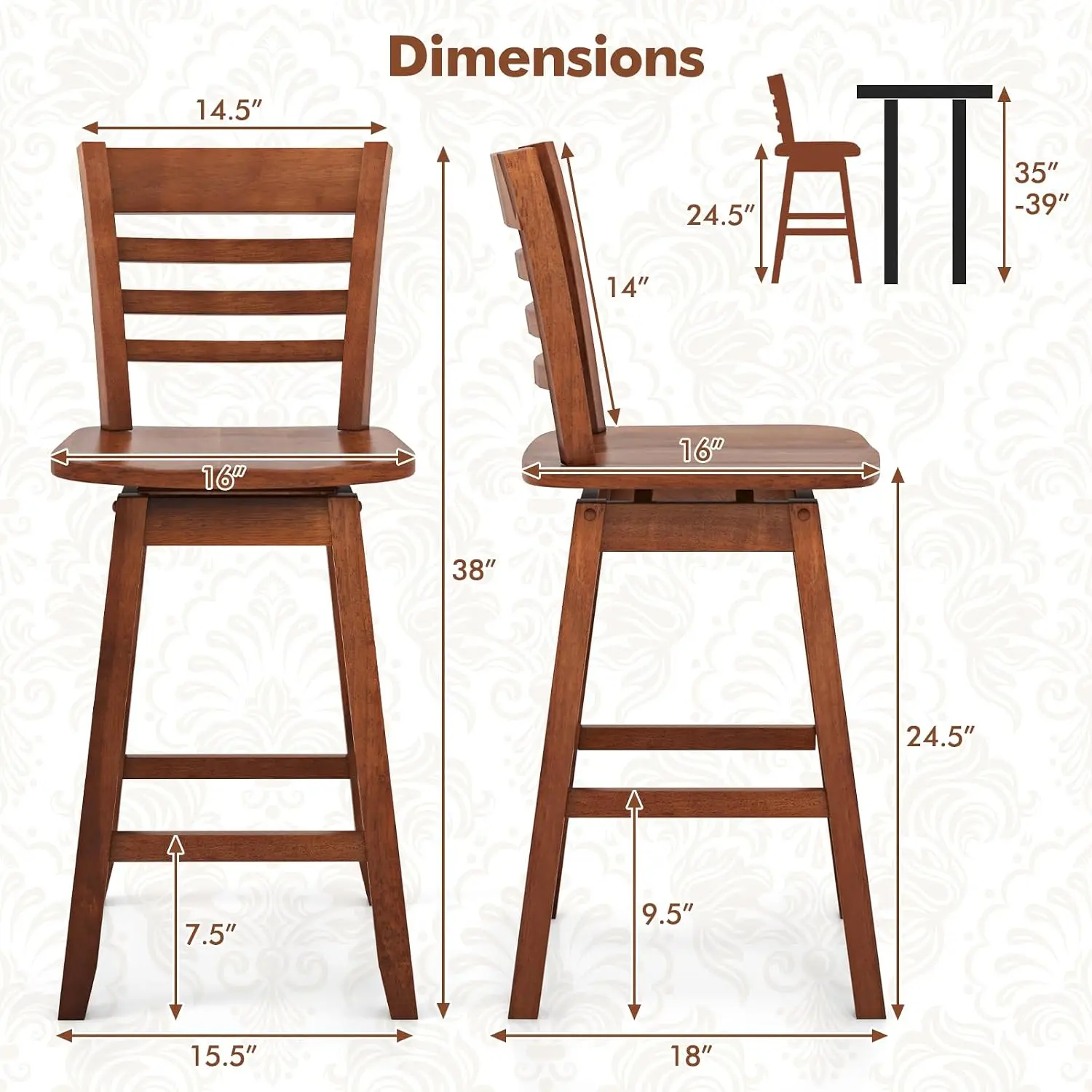 Swivel Bar Stools 4-Pack With Hollow Backrest, Contoured Seat & Footrest For Kitchen, Pub, Cafe, 24.5 Inch, Walnut, Customized