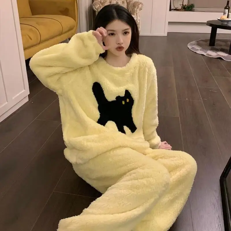

Женский пижамный комплект, утепленный флис, коралловый бархат, теплая одежда для сна, зимний комплект домашней одежды для девочек, домашняя одежда с милым черным котом, одежда для дома с героями мультфильмов