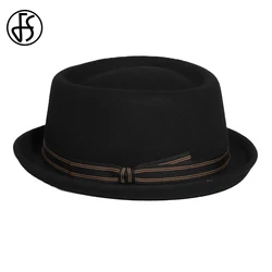 FS Vintage Black Pork Pie Hat For Men Bow Wool Fedora Unisex Winter Jazz Cap Church Panama Gangsters Caps Gentlemen 2024