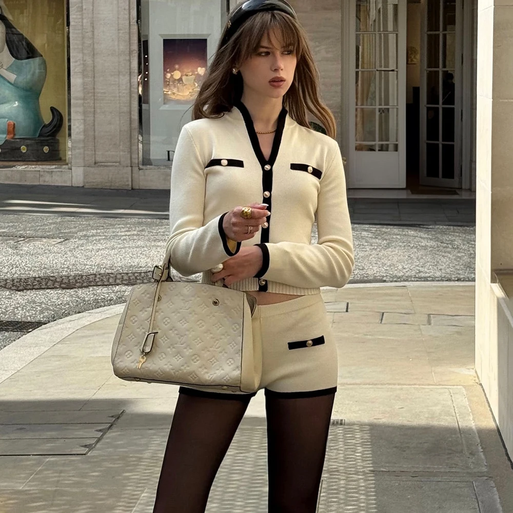 

Tuularose Knitted V-neck Two Piece Sets Women Pant Suit White Long Sleeve Button Top Short Pant Female Slim Casual Pant Sets Y2k