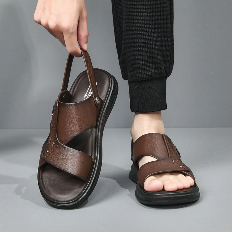 Men's sandals leather summer cowhide beach shoes new driving wear non-slip dual-purpose dad men