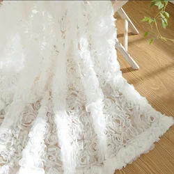 Korean Creative White Lace 3D Rose Curtains Voile Custom,Window Screens For Marriage, Living Room Bedroom French Window Tende