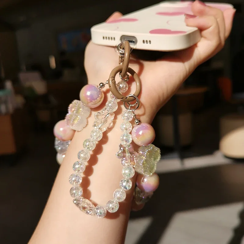 Mobile Phone Lanyard Short Cute Four-leaf Clover Crystal Mobile Phone Double Chain Wrist Rope Women's Wind Hanging Ornaments