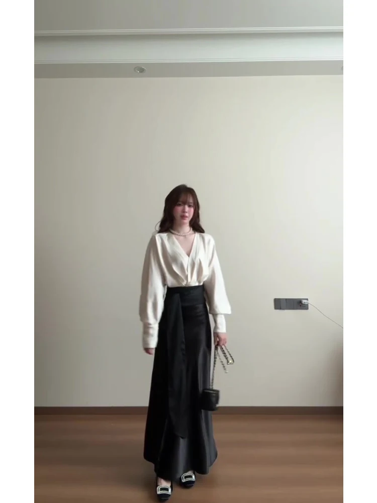 Slimming High Waist V-Neck Long Sleeve Shirt And Skirt Set Women's Fashion Autumn Collection MARIE.  Brand French Style