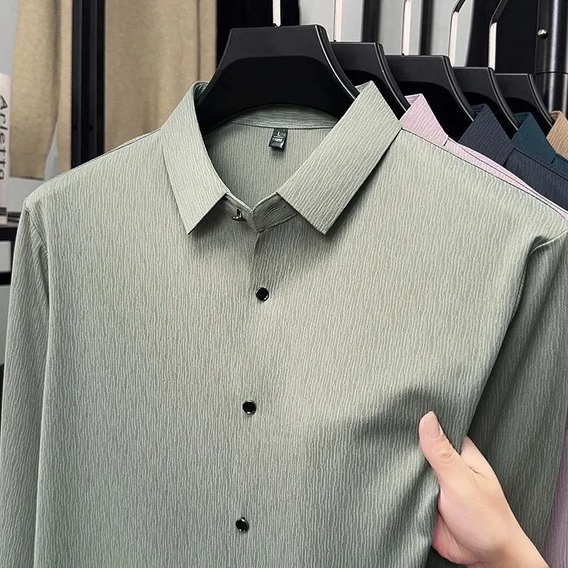 

Мужская однотонная рубашка с длинным рукавом, повседневная свободная рубашка с отложным воротником на пуговицах, топы для повседневной носки