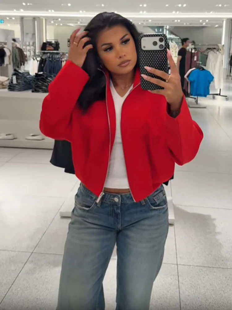 Vintage Rote Kurze Jacke mit Hoher Taille für Damen, Schicker Reißverschluss, Lange Ärmel, Stehkragen, Locker Sitzender Mantel, Herbst Damen Alltags-Streetwear Neu – Detail 8
