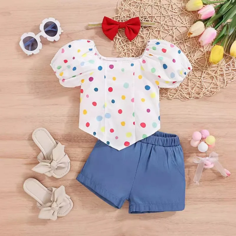 

2 шт., детский топ в горошек с рукавами-пузырями и карманами