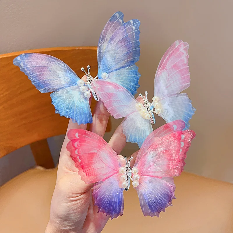 Butterfly Dog Hairpin Moving New Gradient Hair Clip Pet Dog Three-Dimensional Barrettes Pearl Pet Hair Accessories