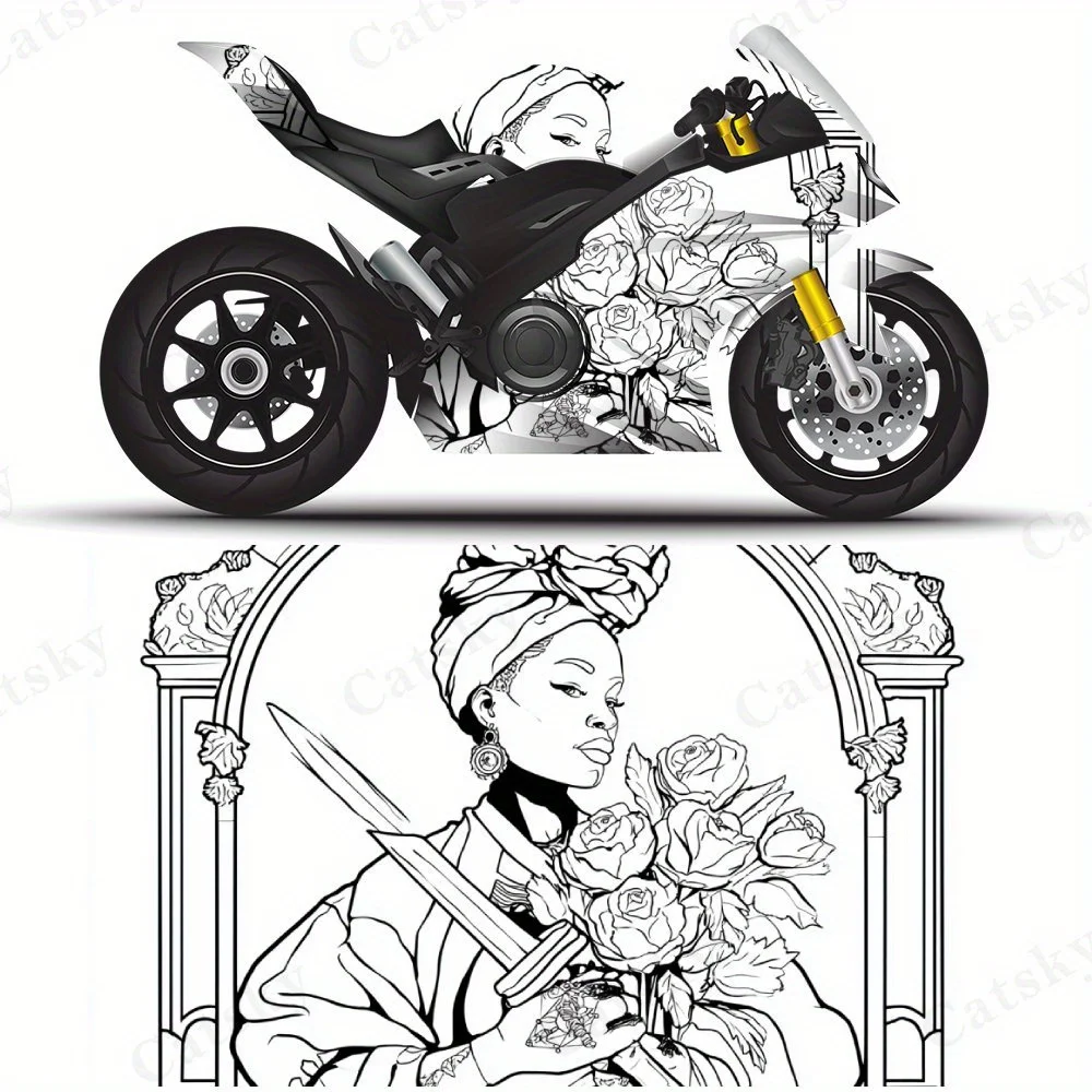 

Hooded Figure with Roses and Sword Motorcycle Film Stickers, Durable PVC Adhesive Decals for Motorcycle Customization, Weather-R