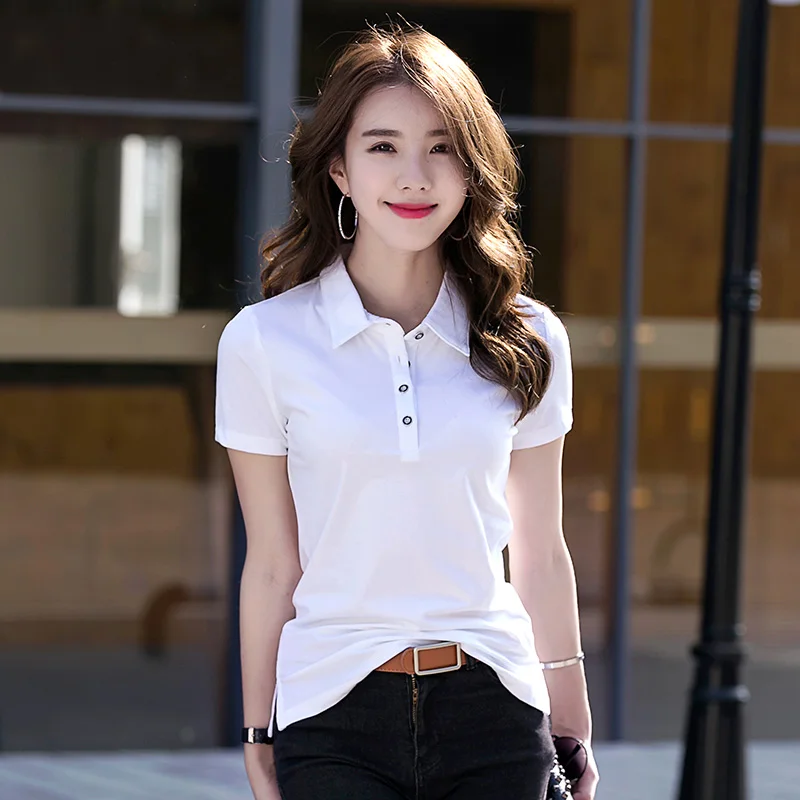 Summer New Simple Solid Color Button Flip Collar Women's T-shirt Casual Slim Fit Short Sleeve Simple Fashion Cotton Top