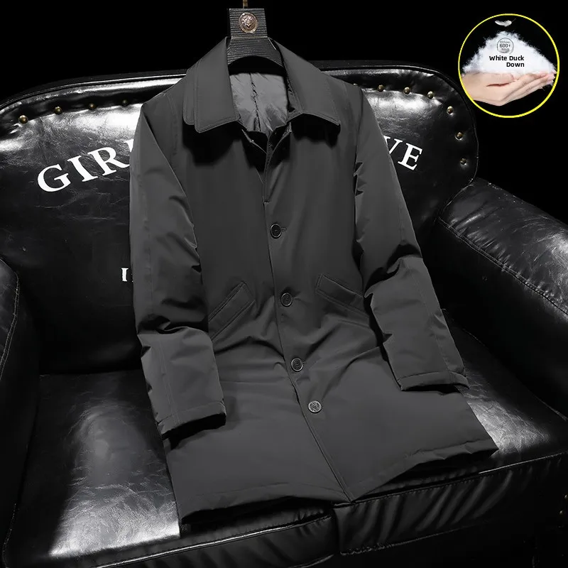 

High Quali Men's Casual down Jaet Double Layer Collar Middle Length Pure Color 90 White Du Feather Outerwear Winter