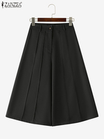 ZANZEA Women Calf-Length Trousers Casual Loose Solid Color Pockets Bottoms 2025 Summer Pleated Zipper Flare Pants Oversized
