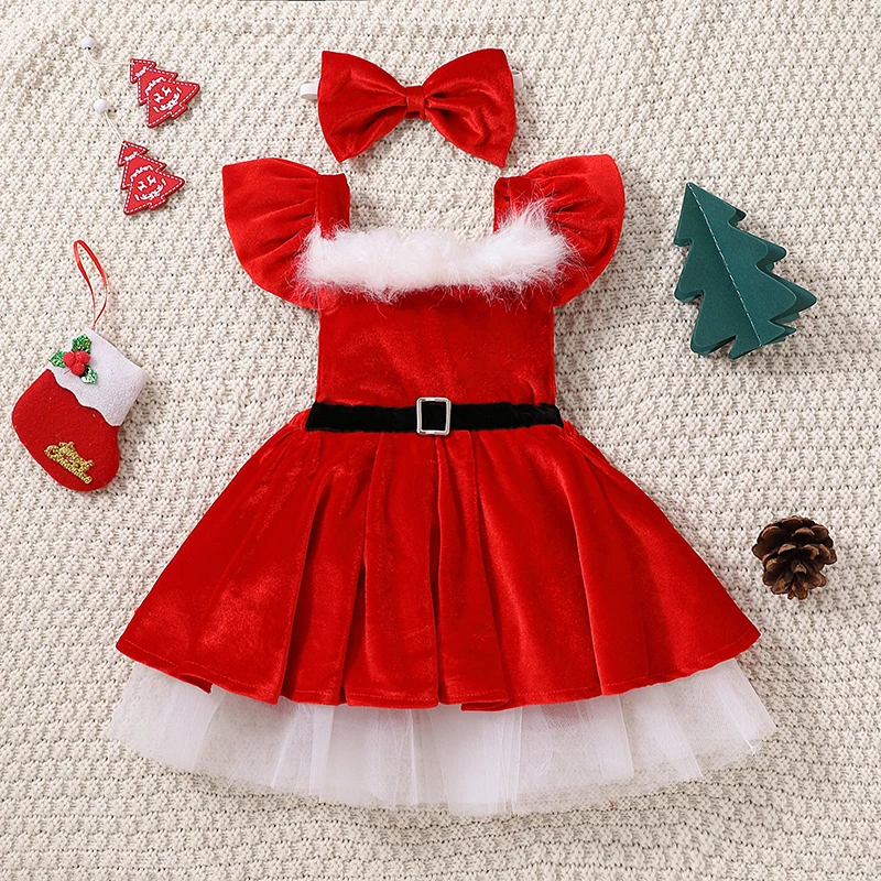 Girls Christmas Red Velvet Dress with Bow Detail and Matching Headband for Toddler Holiday Party Outfit