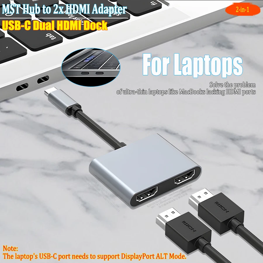 Type to 2 HDMI 4K 60Hz Adapter,USB Type C 2 Monitor MST Hub,USB C Docking Station Dual Monitor 2x HDMI Ports 4K 60Hz for Laptop