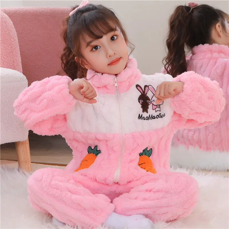 Thick Flannel Pajama Girl Pajamas Children\'s Girl Sets Loungewear Clothes Winter Set Sleepwear Robe Clothing Mother Kids