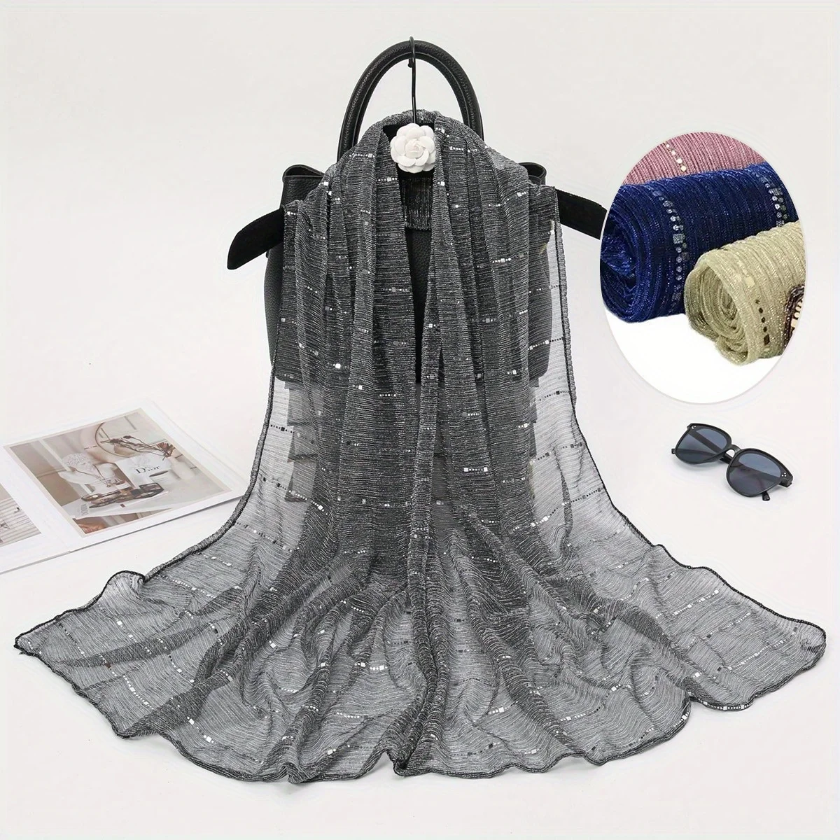 1 Uds. Bufanda de cadena de lentejuelas de alta elasticidad para primavera y otoño para mujer, bufanda larga de seda con mecha, bufanda india, bufanda de seda deslizante