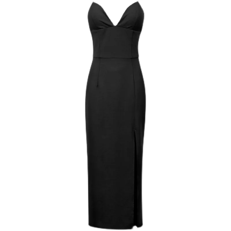 Sexy V-Ne Stretch Split Dr Women's Ele  Color Par Dr Street Sle mid Waist Regular Svel Long Skirt