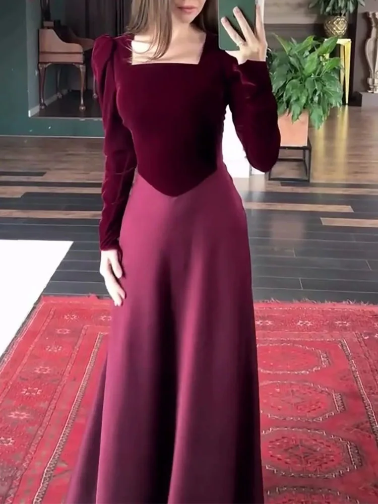 Fall Bandage Slim Dress Vintage Elegant Color Blocked Long Sleeve Dress Temperament Square Collar High Waist Satin Evening Dress