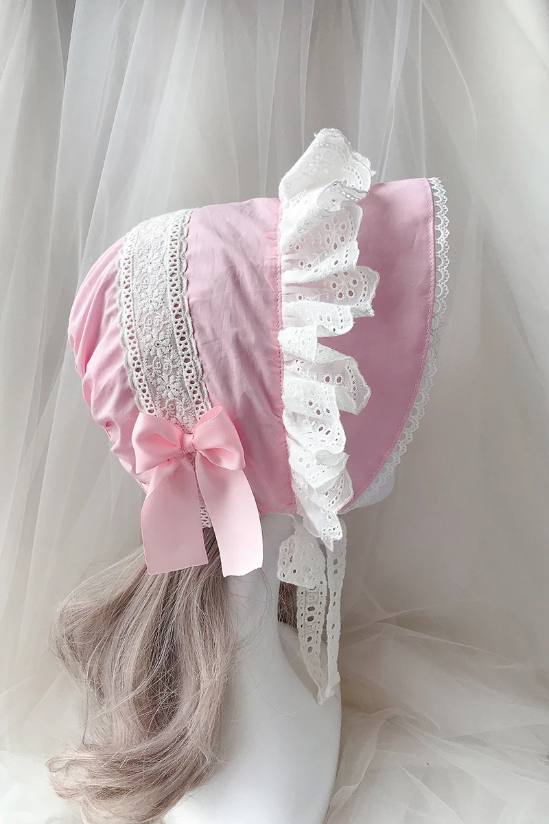 Cute Girl Women Lolita Bonnet Vintage Victorian Hats Cotton Lace Pink Cosplay Accessories