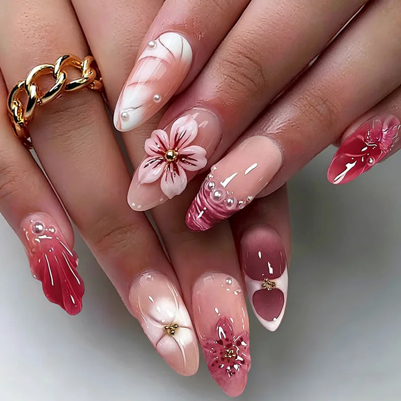 24Pcs Mid-length Oval Pearl Chain French Fake Nail with Flower Pattern Pess on Nail Tips Pink Almond Reusable Acrylic False Nail