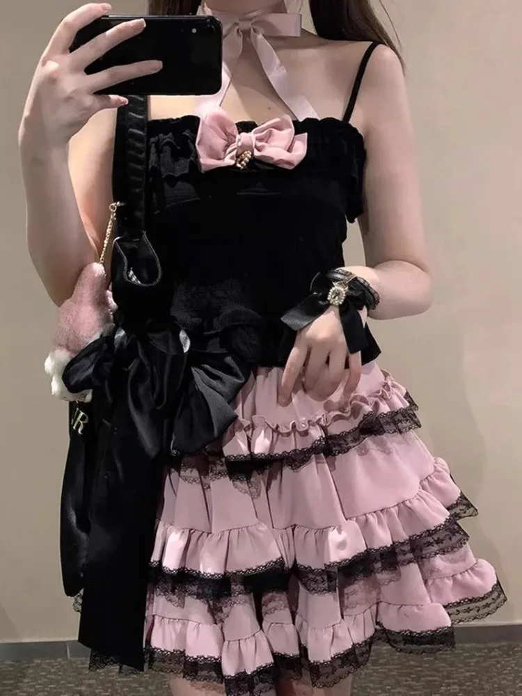 

Harajuku Sweet Cool Pink Lolita A-line Skirt Women's Y2k High Waist Pleated Lace Cake Skirt Jazz Dance Cosplay Costume 2025 New