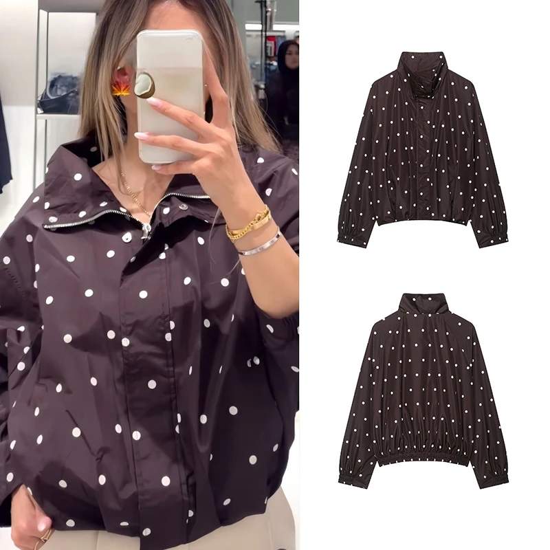 Women Polka Dot Stand Collar Short Windbreaker Loose Long Sleeve Zip‑Up Jacket Casual Daily Travel Commute Outerwear