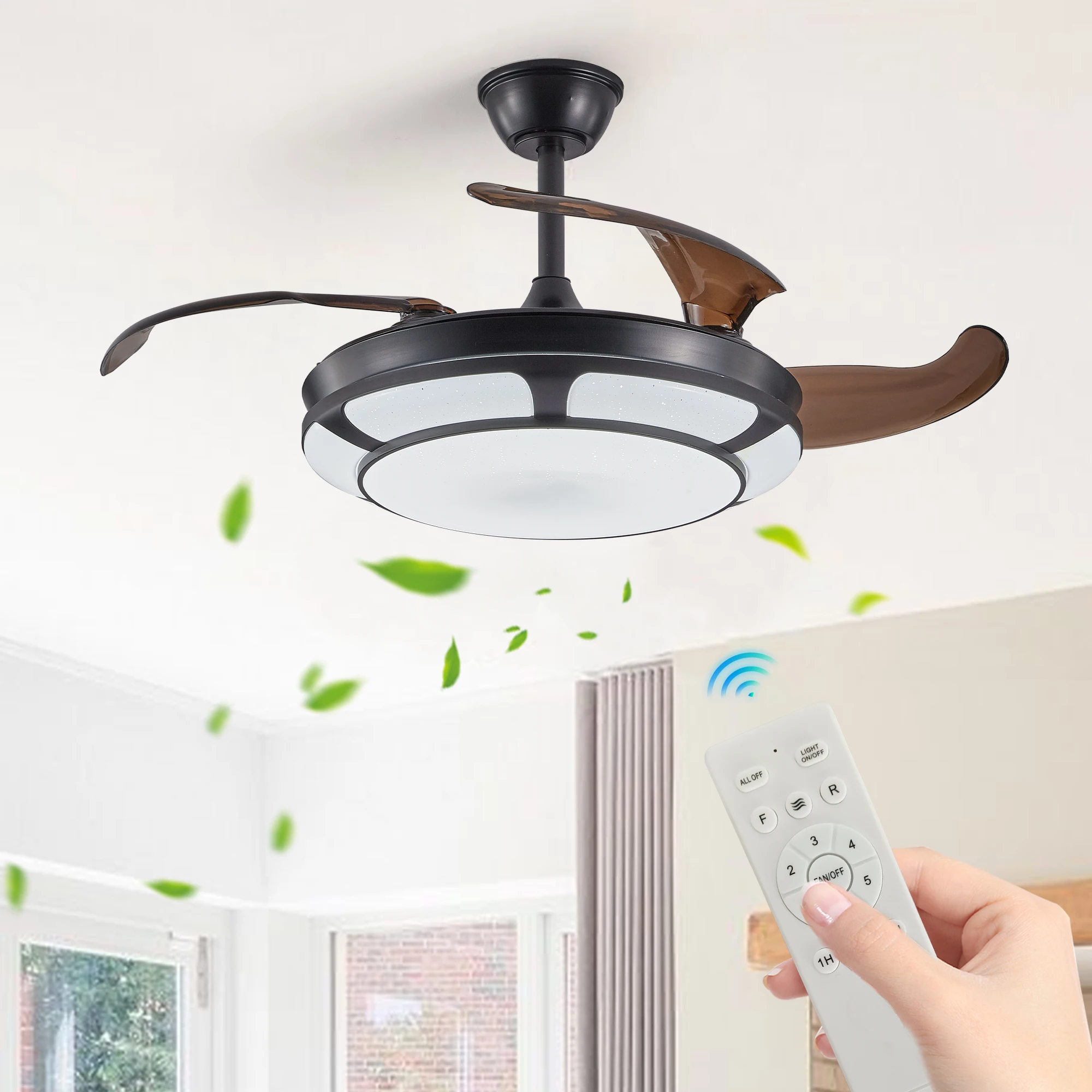 

18.1-inch Modern Simple Black Silent Invisible Ceiling Fan Light, Remote Control Folding Fan Light with Timer Function, Adjustable Color Temperature Led Lighting, Living Room Bedroom Home Ceiling Light