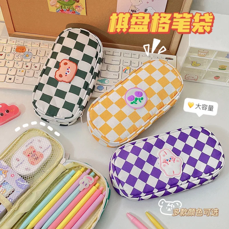 Kawaii Bear Rabbit Cartoon Checkerboard Large Capacity Pencil Case Korean Stationery Storage Bag School Stationery Bag