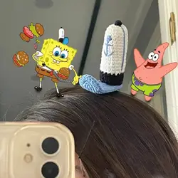 Cartoon Krusty Krab Staff Hat Hair Pin Kawaii Spongebobes Chef Hat Knitted Hairpins Cosplay Kawaii Kids Girls Headwear Gifts