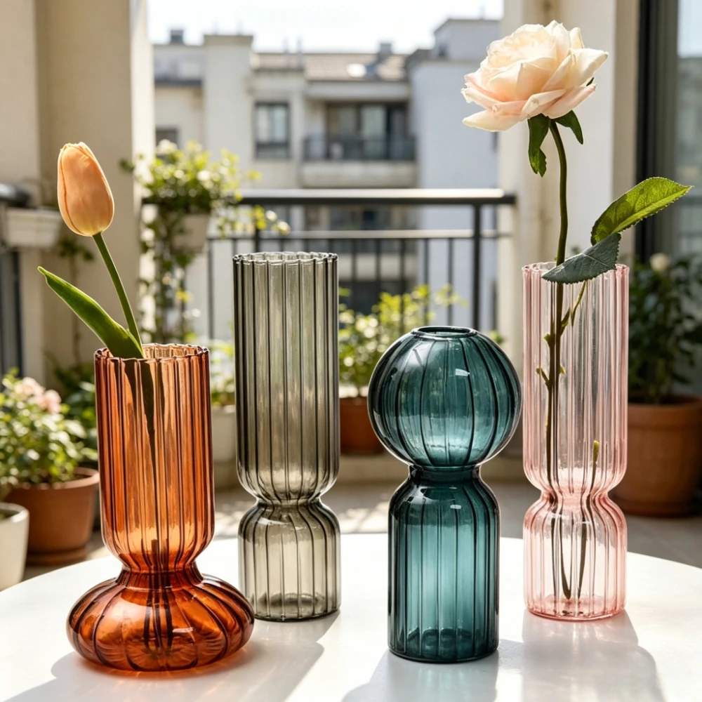 Modern Simple Striped Colored Glass Vase Hydroponics Flower Arrangement Vase Office Home Desktop Ornament Decoration
