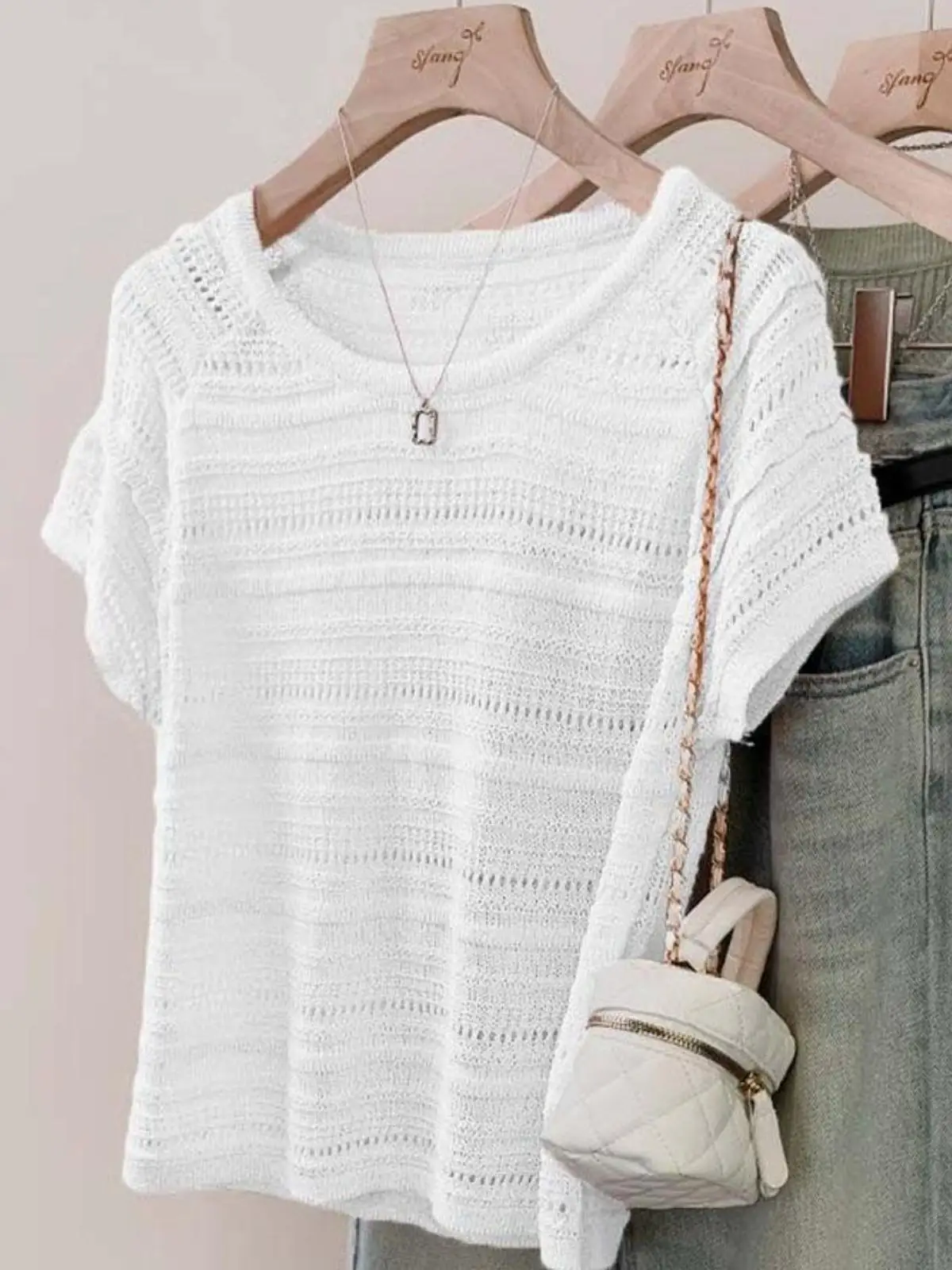 ソフトスタイル韓国ファッションアイスシルクニットサマートップ薄手半袖ラウンドネック中空アウトトレンディイヤーカバーアクセサリー