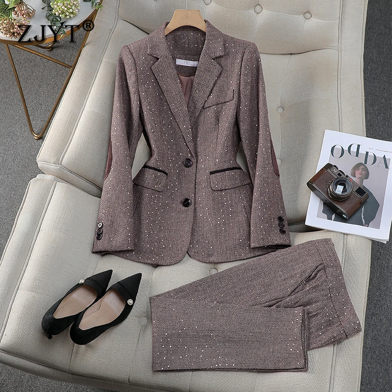 ZJYT Elegant Vintage Blazer Pants Set for Woman 2 Pieces Matching Sets Autumn 2026 Office Lady Jacket and Trousers Suit Brown