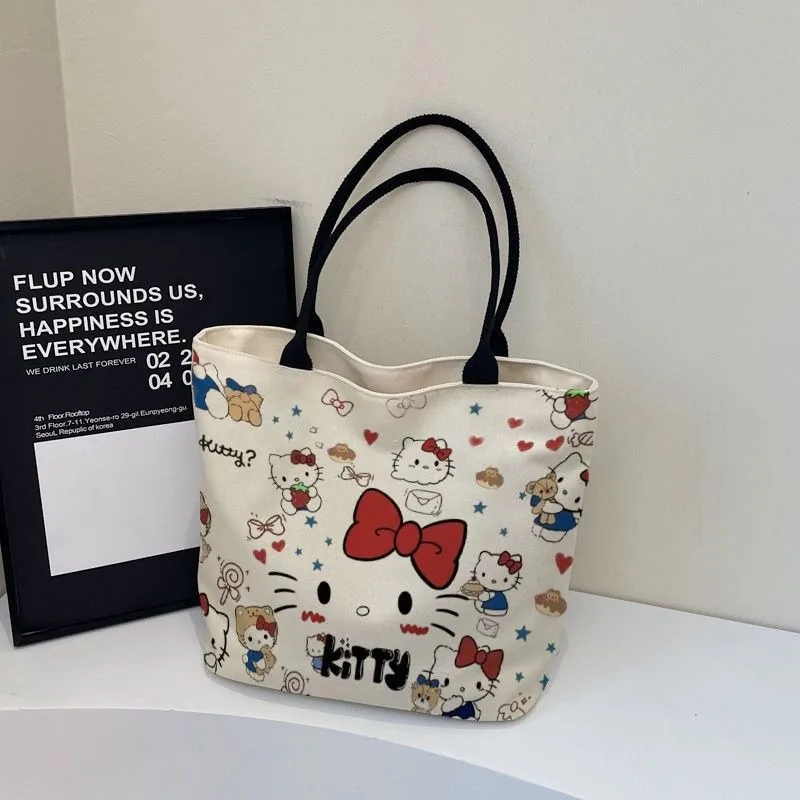 Sanrio Hello Kitty Canvas Handbag for Women College Student Large Capacity Luxury Designer Shoulder Bag Kawaii