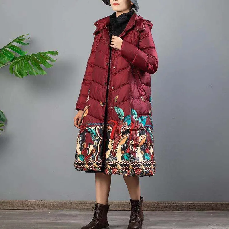 New 2024 Winter Clothing Female Chinese Style Printing Mid-length Down Jacket White Duck Down Hooded Single-breasted Down Jacket