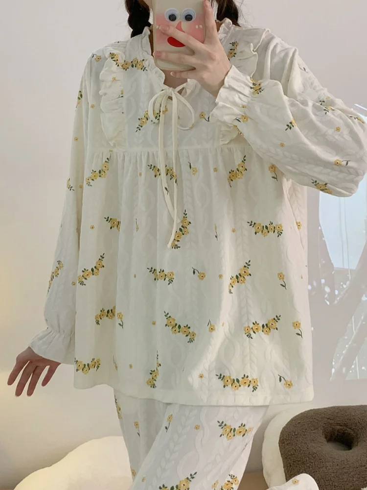 

Pajama Sets Women Flower Comfortable Kawaii Daily V-neck Simple Students Sweet Elegant Autumn Special Korean Style Leisure Chic