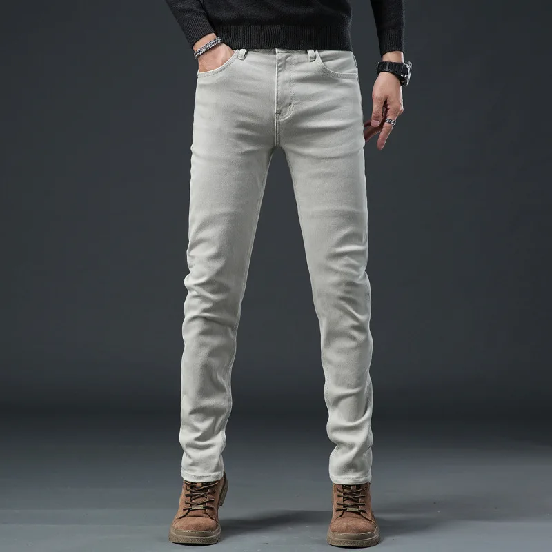 

Легкие роскошные эластичные мужские джинсы 2025 года, модные осенние брюки на небольшую ногу, универсальные повседневные деловые брюки