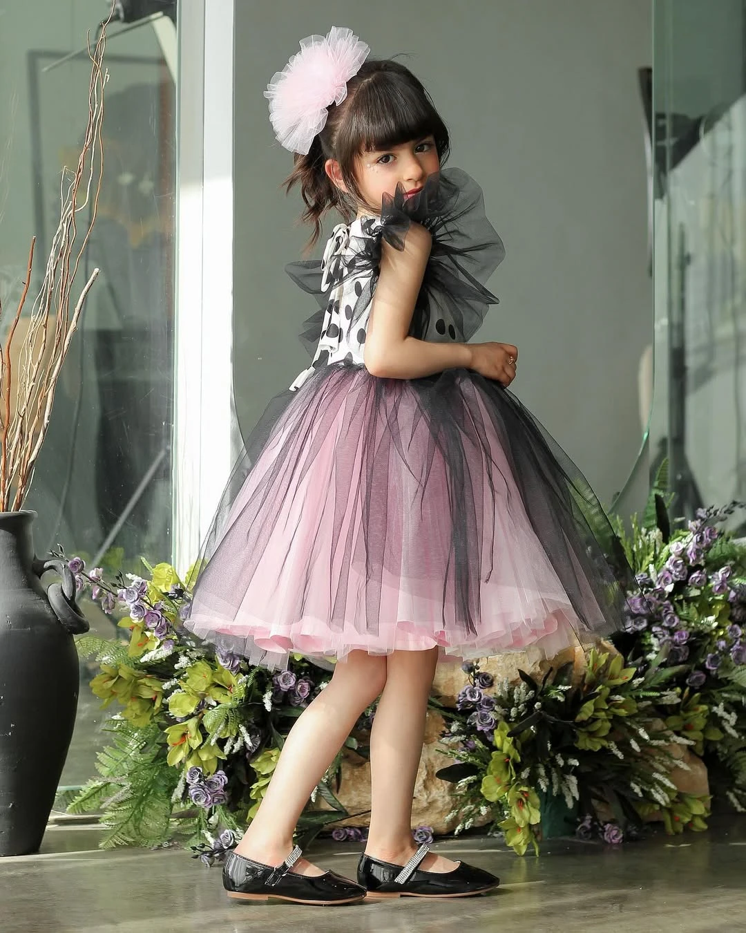 Sevintage Princess Black Pink Flower Girl Dresses Polka Dot A-Line Birthday Party Dresses Flutter Sleeves Dresses Customized