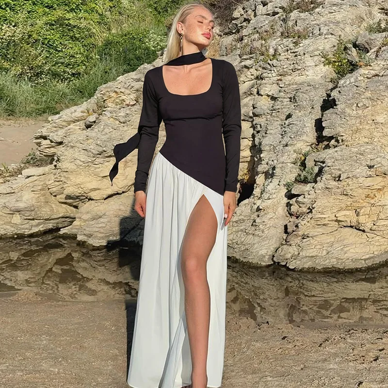 

Ticketsx Fashion Contrast Color Square Neck Split Dress Ruched Scarf Ribbon Slim Long Sleeve Long Dress Party Evening Dress