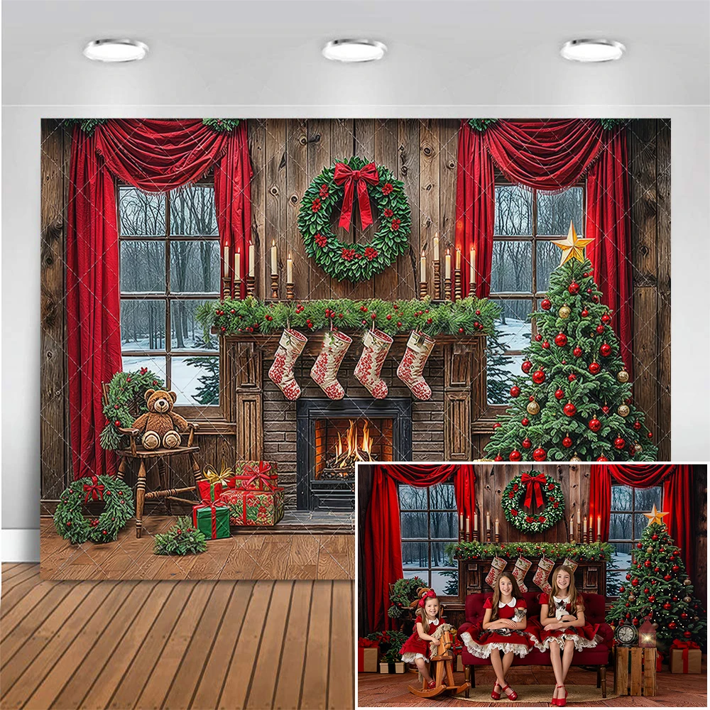 

Christmas Fireplace Stockings Photography Backdrop Window Winter Forest Snow Background Adult Kids Photocall Photo Studio Props
