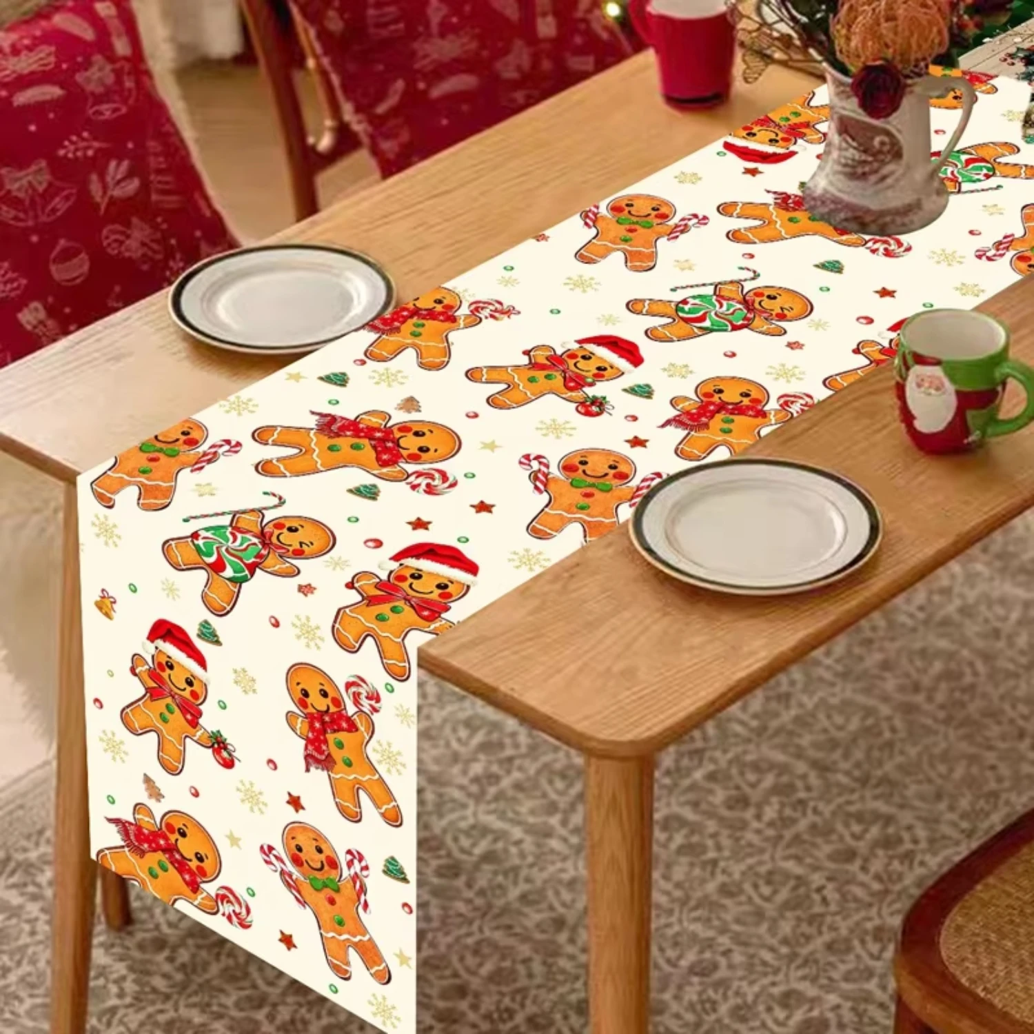 1pc Cute Christmas Gingerbread Man Print Table Runner For Xmas Holiday Dinner Party Family Banquet Household Tabletop Decoration
