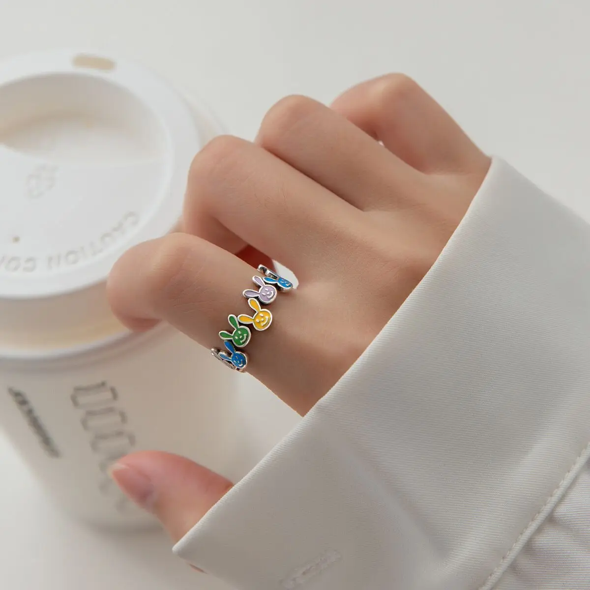 925 Sterling Silver Irregular Colorful Rabbit Rings For Women Female Simple Retro Style Handmade Fine Jewelry Bijoux Birthday