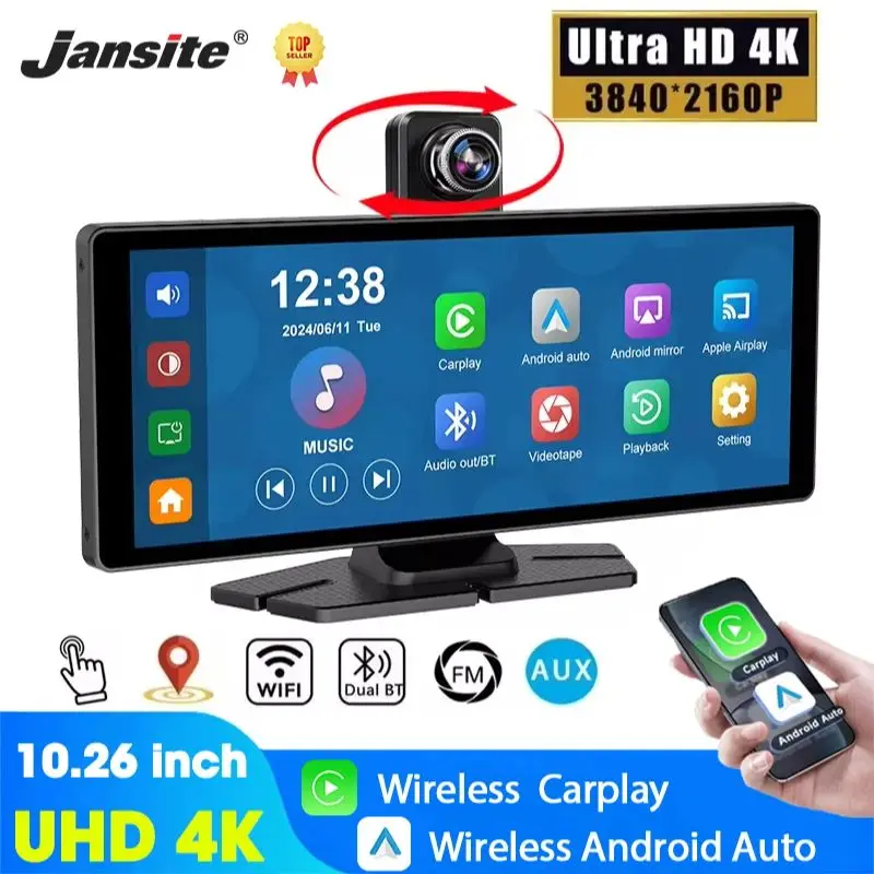 Bezprzewodowa kamera samochodowa 7"/10,26" 4K Carplay Android Auto 350 °   Obrotowy obiektyw Rejestrator samochodowy Nawigacja GPS Deska rozdzielcza Rejestrator wideo Bluetooth