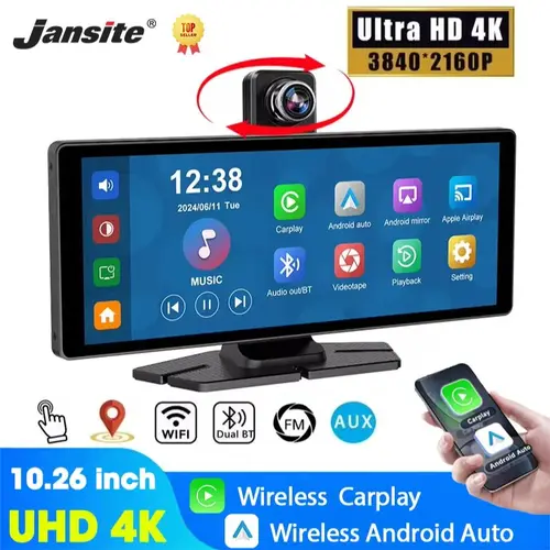 7""/10,26"" 4K Dash Cam Inalámbrico Carplay Android Auto 350 °   Lente giratoria Coche DVR GPS Navegación Tablero Grabadora de vídeo Bluetooth