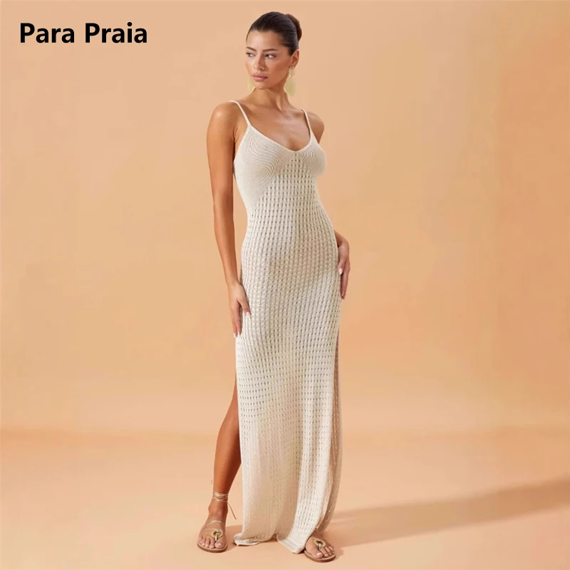 

2025 New Sexy Knitted Summer Halter Long Hollow out White Beach Dress Sleeveless Backless High Waist Elegant Spring Dress Female