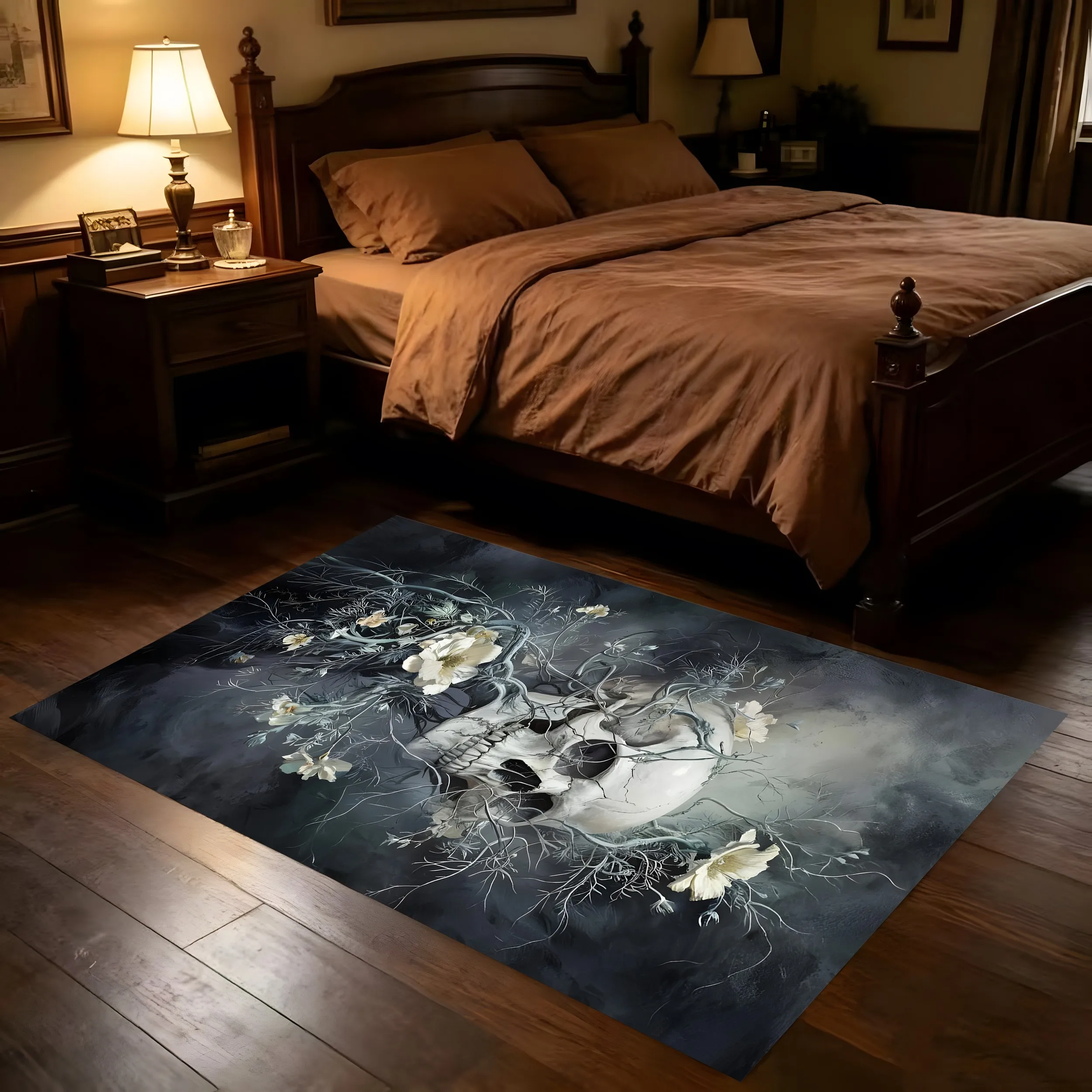 Skull Floral Print Dark Gothic Halloween Velvet Rug for Living Room Bedroom Party Unique Eerie Decor