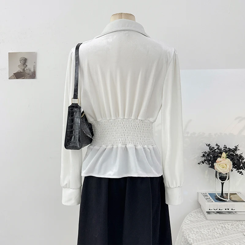 Temperament V-ausschnitt Langarm Samt Hemd für Frauen Mode Falten Design Einfarbig Vielseitige Bluse Französisch Retro Casual Tops