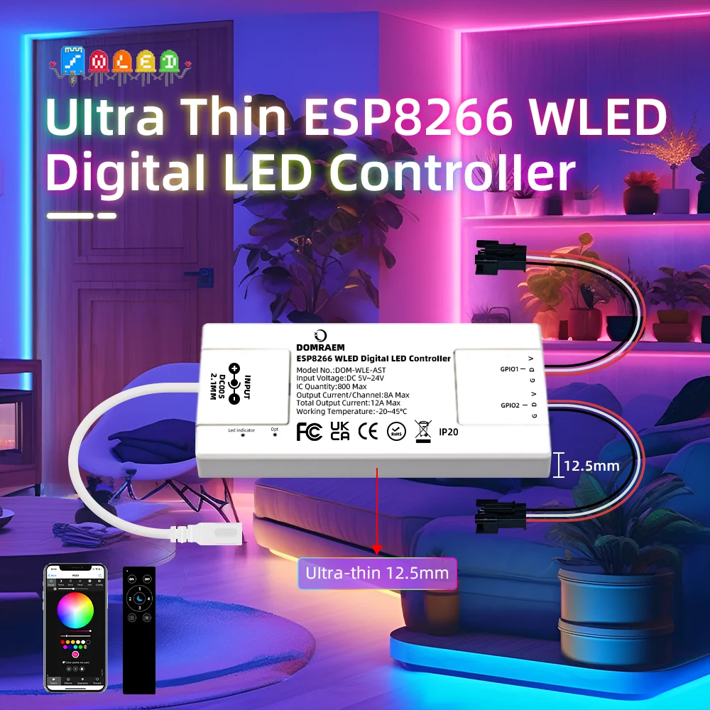 DOMRAEM ESP8266 WLED LED Strip Controller - Ultra-Thin 2CH 12A Max, Drives 800ICs, WS2811/WS2814/SK19703 Compatible, SPI Effec