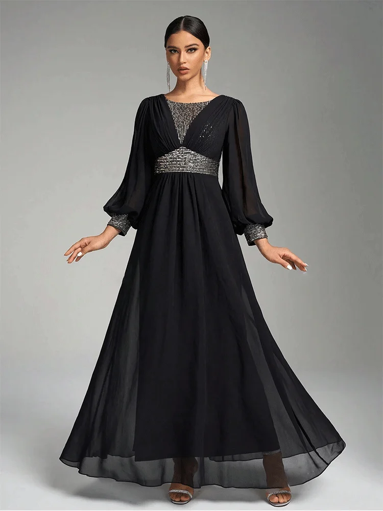 Round Neck Chiffon Long Sleeve Mesh Black Floor-Length Evening Dress 4xl5xl Banquet Shiny Sequin Evening Dress