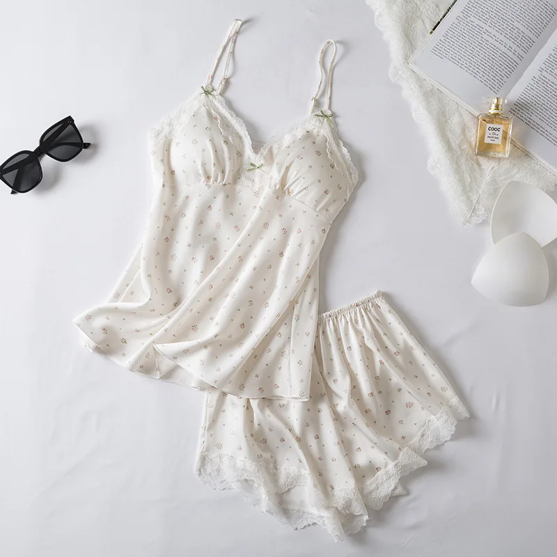 

Sexy Lace Cami Strap&shorts Pyjamas Set Women Homewear Satin Pajamas Suit 2Pcs Sleepwear Loungewear Summer New PJS Lingerie